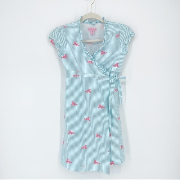 LILLY PULITZER BLUE SEERSUCKER STRIPED DRESS WITH TIGERS - Picture 1 of 9